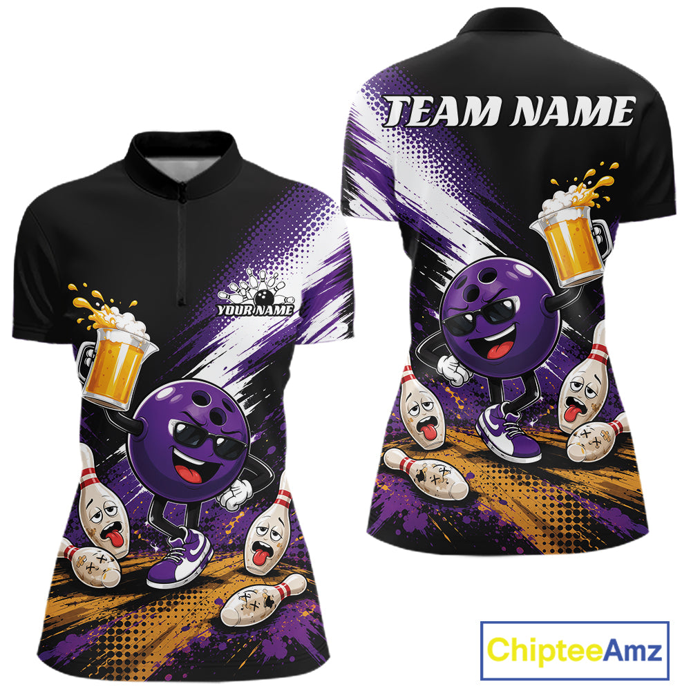 Front and back views of a custom short-sleeve quarter zip shirt featuring a black and purple bowling quarter zip polo shirt with a cartoon bowling ball, bowling pins, and beer mugs on a black, purple, and white background. The back view has a placeholder for 'TEAM NAME'.