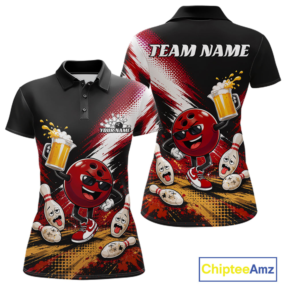 Customizable black short-sleeve polo shirt with a red and black bowling-themed all-over print, shown in front and back views. Features cartoon bowling balls and pins, beer mugs, and 'TEAM NAME' / 'YOUR NAME' text placeholders.