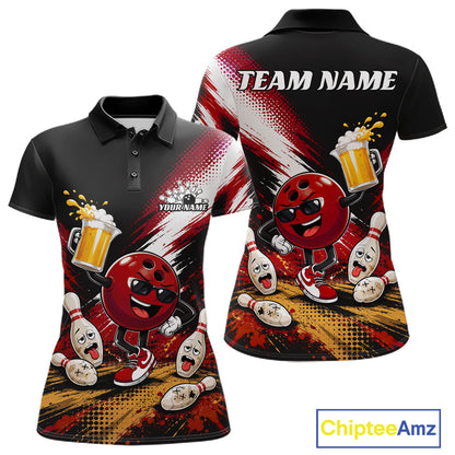 Customizable black short-sleeve polo shirt with a red and black bowling-themed all-over print, shown in front and back views. Features cartoon bowling balls and pins, beer mugs, and 'TEAM NAME' / 'YOUR NAME' text placeholders.