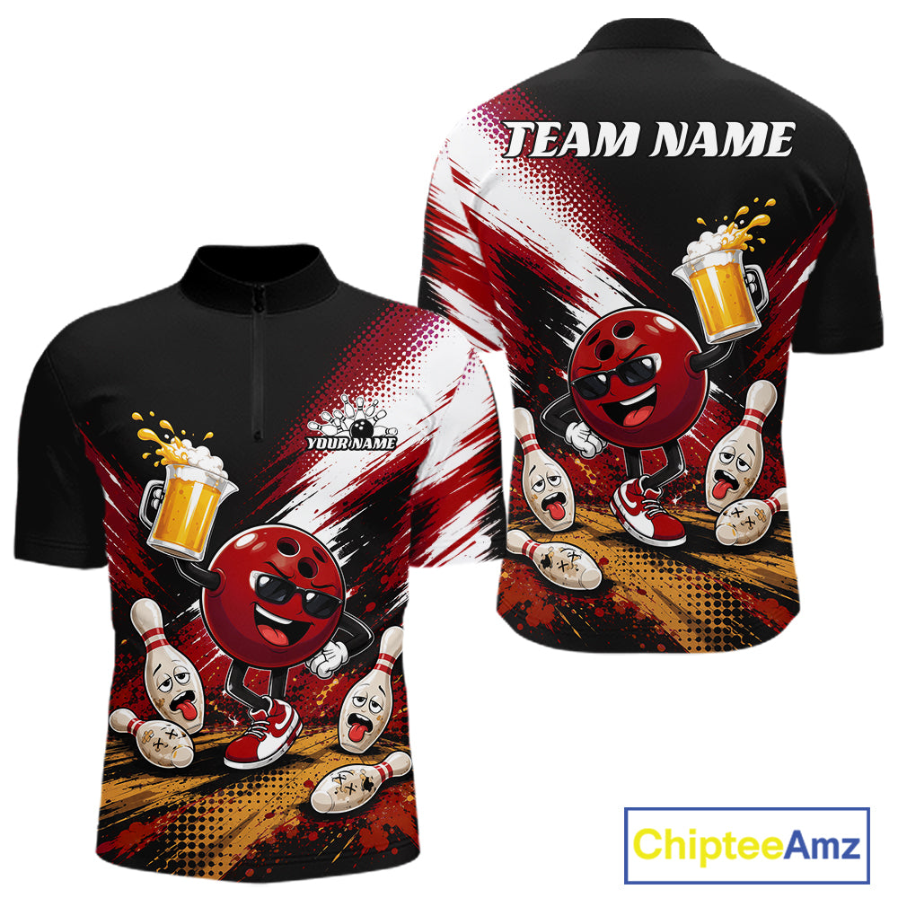 Black short-sleeve bowling jersey shown from the front and back, featuring a red bowling-ball character with sunglasses, bowling pins, beer mugs, and a red/white brushstroke background. The back has 'TEAM NAME' text and a visible 'ChipteeAmz' logo in the corner.