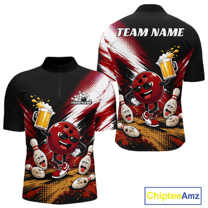 Black short-sleeve bowling jersey shown from the front and back, featuring a red bowling-ball character with sunglasses, bowling pins, beer mugs, and a red/white brushstroke background. The back has 'TEAM NAME' text and a visible 'ChipteeAmz' logo in the corner.