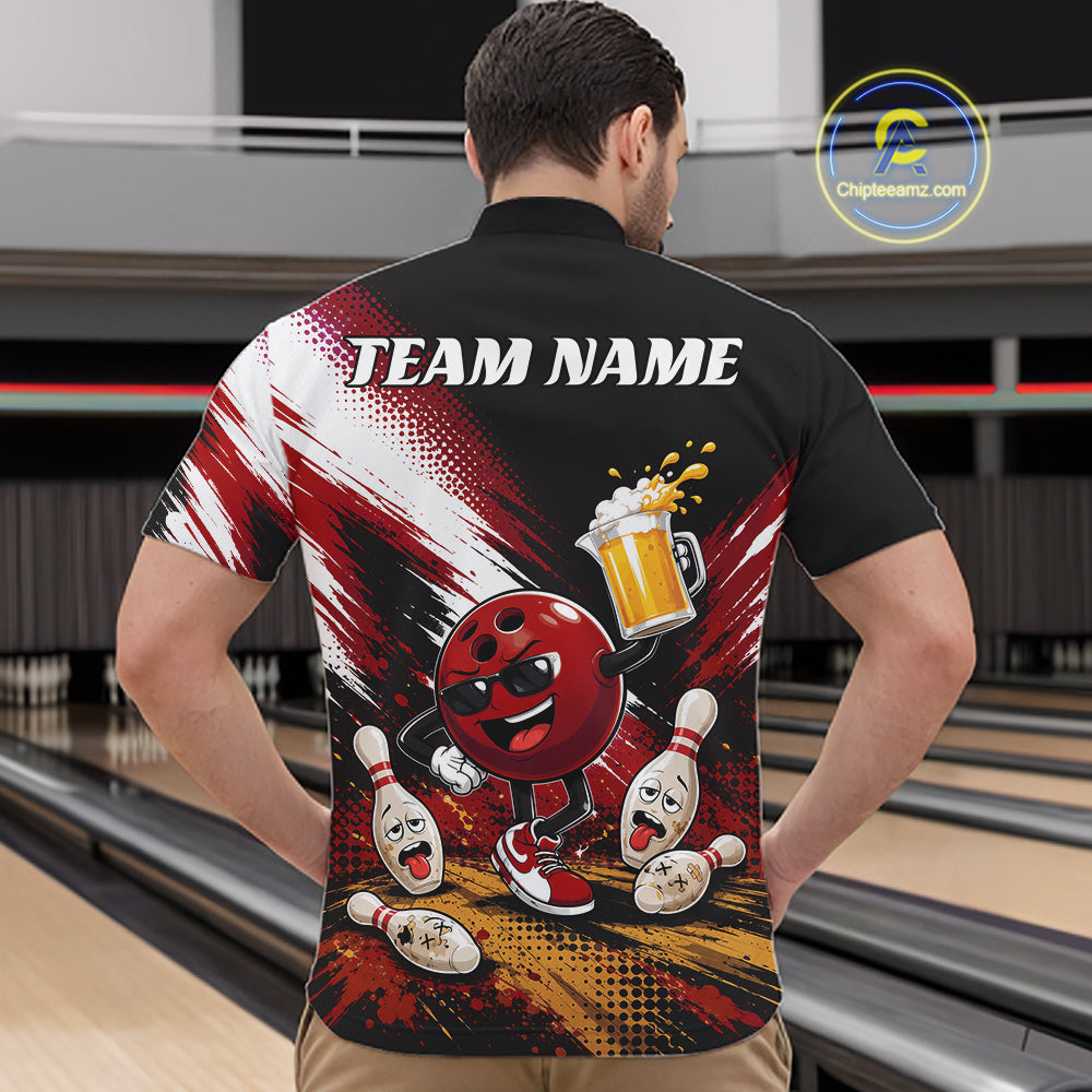 Custom Red Funny Beer Pitcher Bowling Men Quarter Zip Shirt, Drinking Beer Bowling Jersey IPHW11846