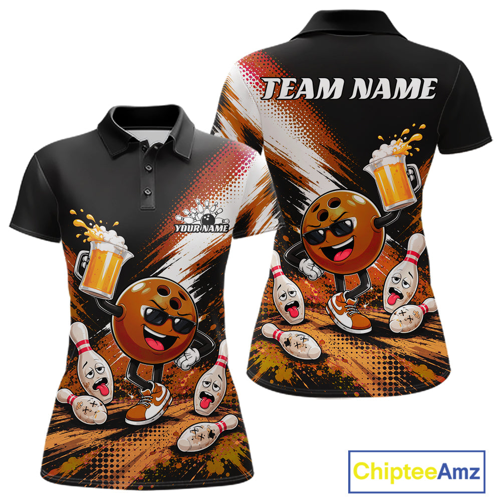 Front and back views of a customizable short-sleeve polo shirt with a bowling theme. The shirt features a black collar and upper chest, transitioning into a vibrant graphic print of a cartoon bowling ball character holding a beer mug, surrounded by bowling pins and balls on an orange and black brushstroke background.