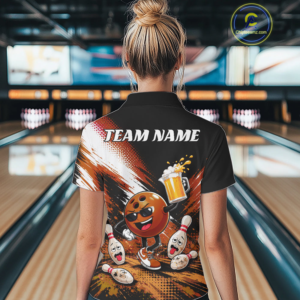A woman viewed from behind wearing a black short-sleeve bowling-themed polo shirt with a large colorful back graphic featuring a cartoon bowling ball, pins, and the text 'TEAM NAME'. 