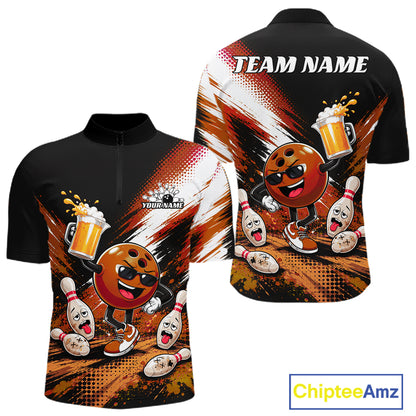 Custom short-sleeve bowling jersey shown from the front and back, featuring a bowling-themed cartoon graphic with a smiling bowling ball character, bowling pins, bowling pins falling, and a beer mug. The back of the jersey has a placeholder text 'TEAM NAME'.