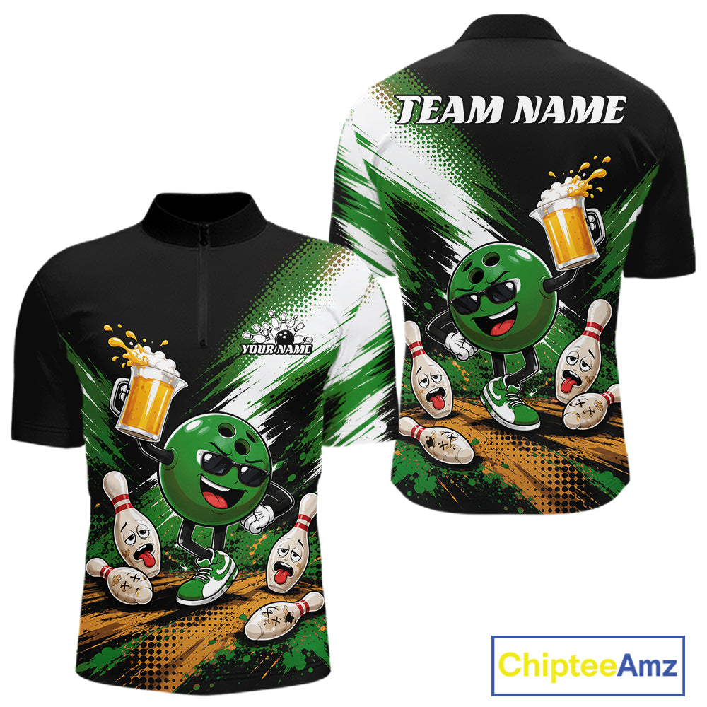 Front and back views of a black short-sleeve quarter-zip bowling-themed shirt with a green cartoon bowling ball character, bowling pins, beer mugs, and a white 'TEAM NAME' placeholder on the back. A 'ChipteeAmz' logo appears in the bottom right corner.
