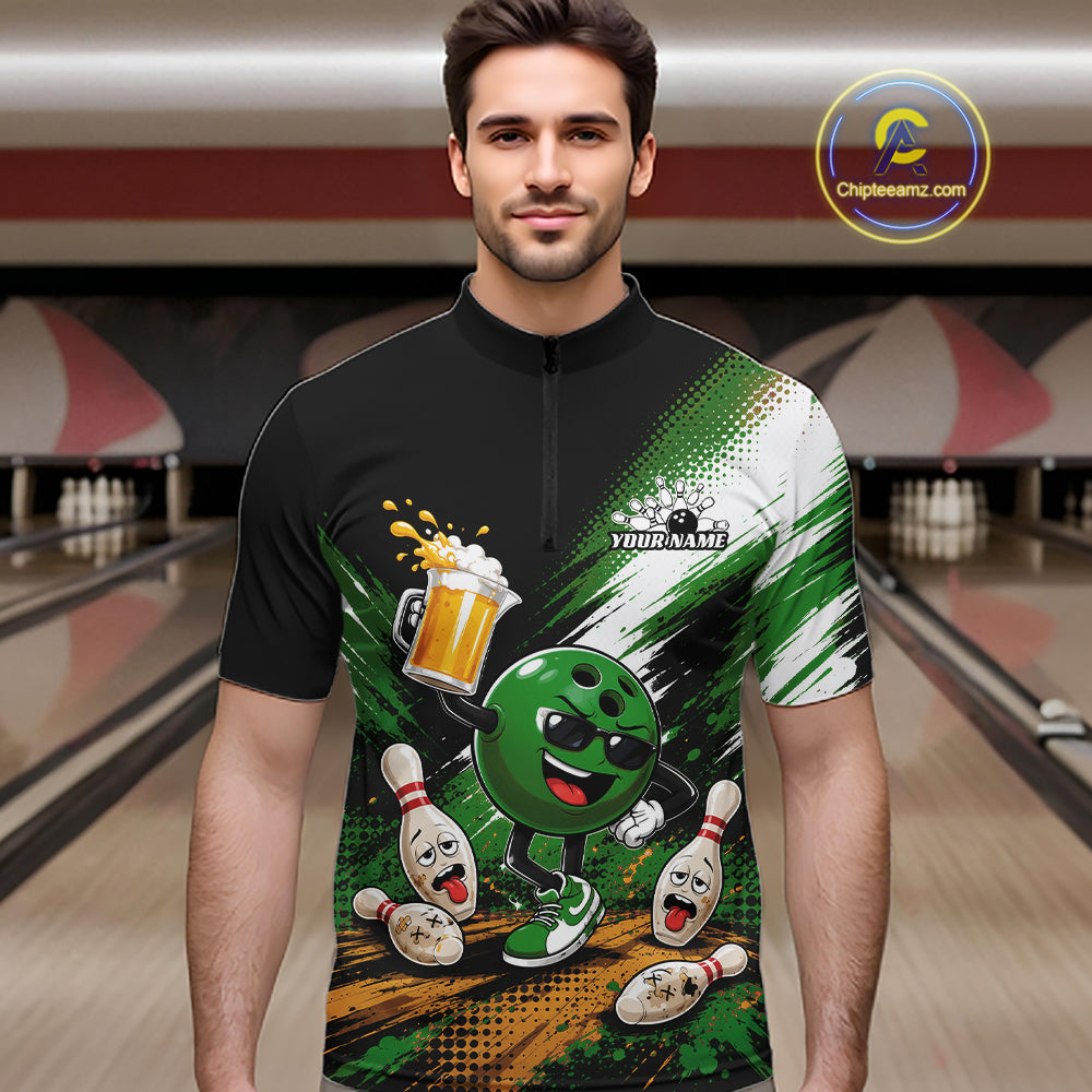 Custom Green Funny Beer Pitcher Bowling Men Quarter Zip Shirt, Drinking Beer Bowling Jersey IPHW11848