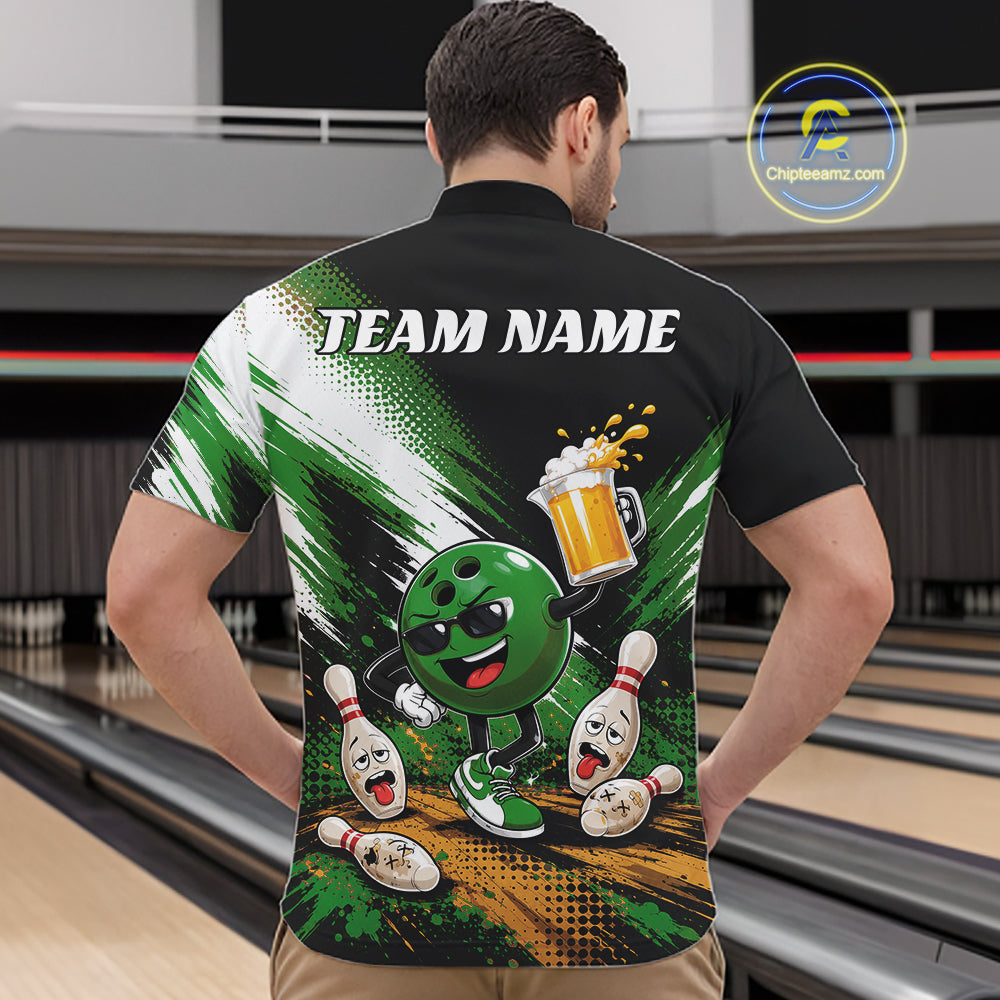 A man viewed from behind wearing a black short-sleeve quarter zip bowling-themed shirt with a large green cartoon bowling ball graphic, bowling pins, beer, and the text 'TEAM NAME' on the back. 