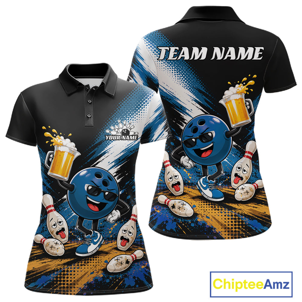 Customizable womens short-sleeve polo shirt shown from the front and back, featuring a bowling-themed all-over print with a blue cartoon bowling ball character, bowling pins, beer mugs, and placeholder text 'TEAM NAME' and 'YOUR NAME'.