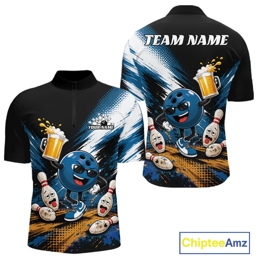 Custom Blue Funny Beer Pitcher Bowling Men Quarter Zip Shirt, Drinking Beer Bowling Jersey IPHW11849