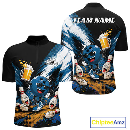 Custom Blue Funny Beer Pitcher Bowling Men Quarter Zip Shirt, Drinking Beer Bowling Jersey IPHW11849