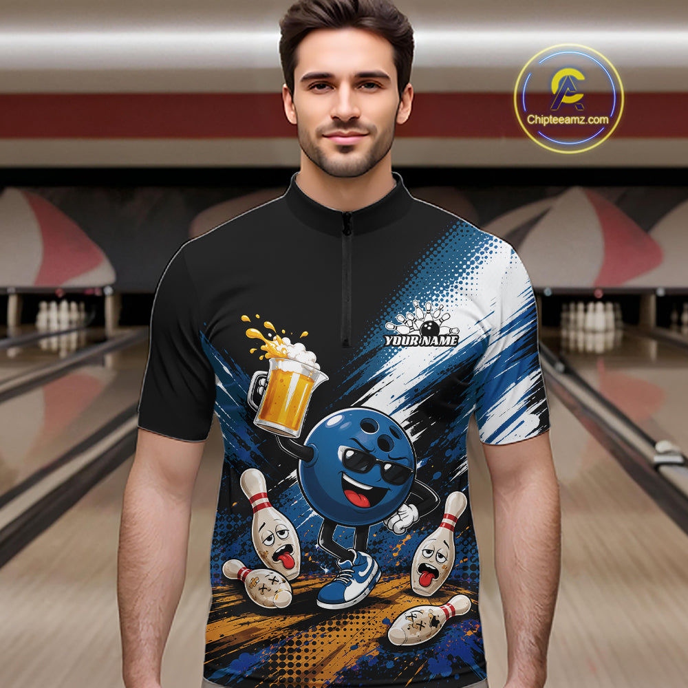 Custom Blue Funny Beer Pitcher Bowling Men Quarter Zip Shirt, Drinking Beer Bowling Jersey IPHW11849