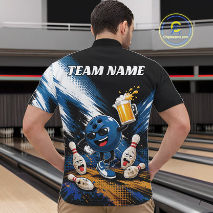 A man viewed from behind wearing a custom bowling-themed short-sleeve quarter zip shirt with a large blue bowling ball and pins graphic, 'TEAM NAME' printed on the back, and a bowling alley background.
