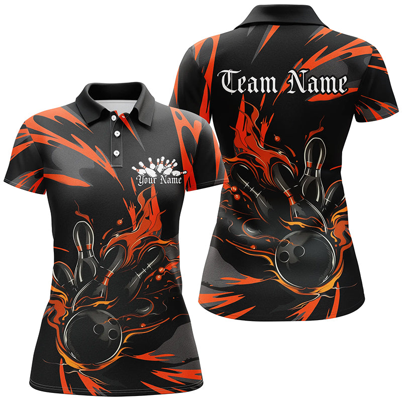 Black And Orange Custom Flame Ladies Bowling Shirts, Bowling Team Shirt Bowling Uniform IPHW7400