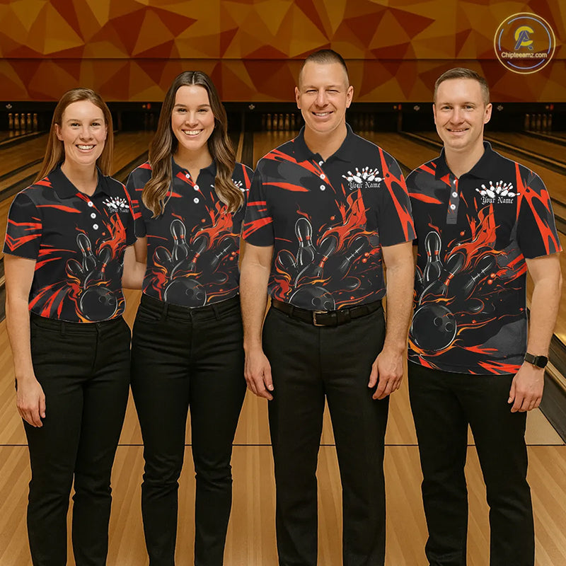Black And Orange Custom Flame Bowling Shirts For Men, Bowling Team Shirt Bowling Uniform Outfit IPHW7400