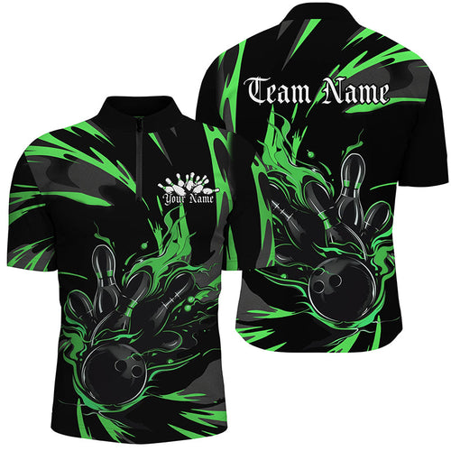 Black And Green Custom Flame Bowling Shirts For Men, Bowling Team Shirt Bowling Uniform Outfit IPHW7402