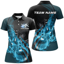 Load image into Gallery viewer, Black And Blue Custom Flame Bowling Team Shirt For Women, Bowling Polo Bowling League Shirt IPHW7418