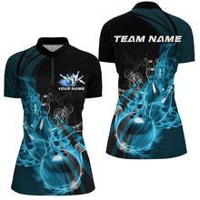 Load image into Gallery viewer, Black And Blue Custom Flame Bowling Team Shirt For Women, Bowling Polo Bowling League Shirt IPHW7418