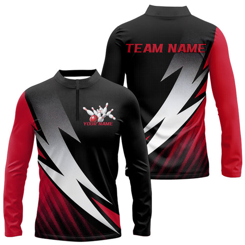Black And Red Custom Bowling Jerseys, Bowling Long Sleeve Quarter-Zip Team Shirts For Men IPHW7706