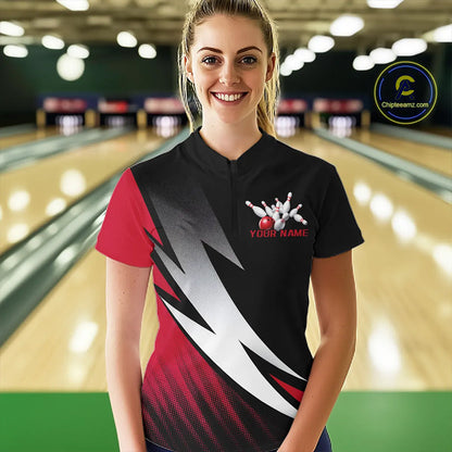 Black And Red Custom Bowling Jerseys, Bowling Team Shirts For Women Bowling Outfits IPHW7706