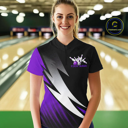 Black And Purple Custom Bowling Jerseys, Bowling Team Shirts For Women Bowling Outfits IPHW7707