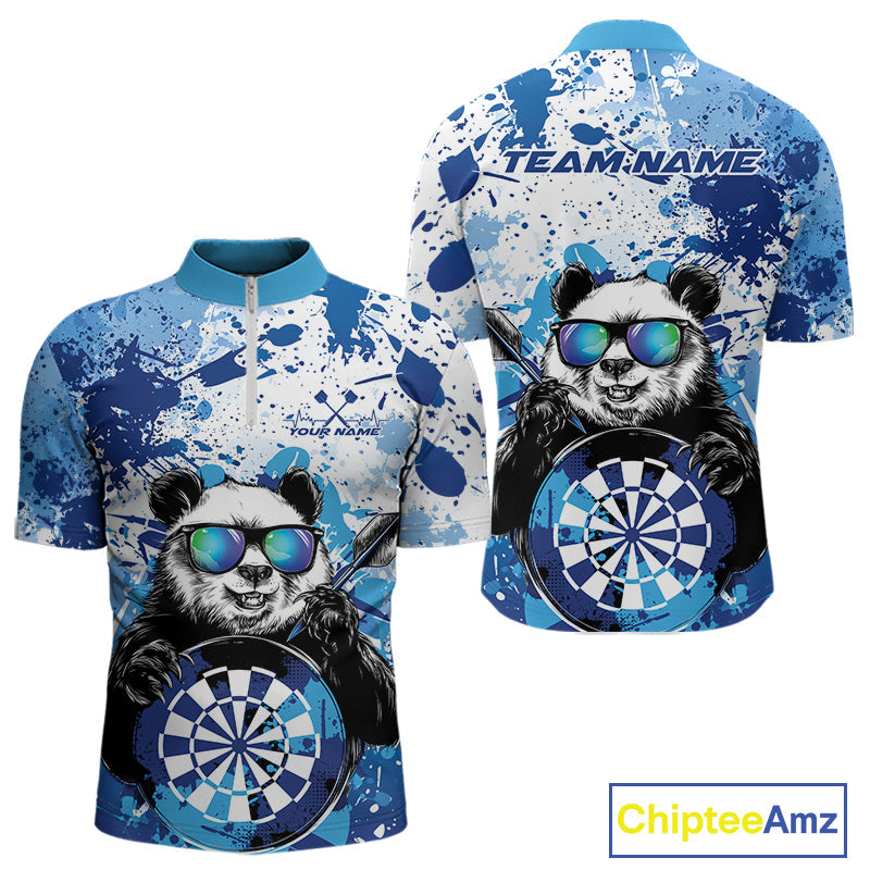 Custom Blue Splatter Funny Panda Dart Quarter-Zip Shirt For Men, Funny Dart Team Jerseys IPHW10002