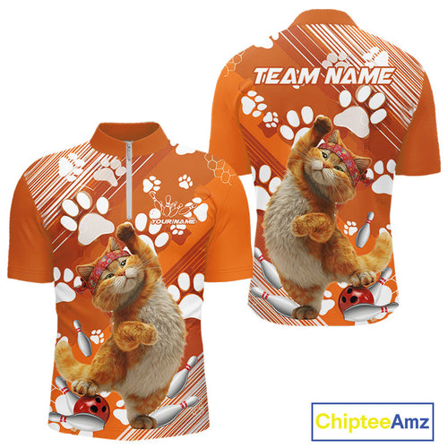 Custom Funny Orange Cat Bowling Men Quarter-Zip Shirt, Cute Team Cat Paw Bowling Shirt IPHW10101