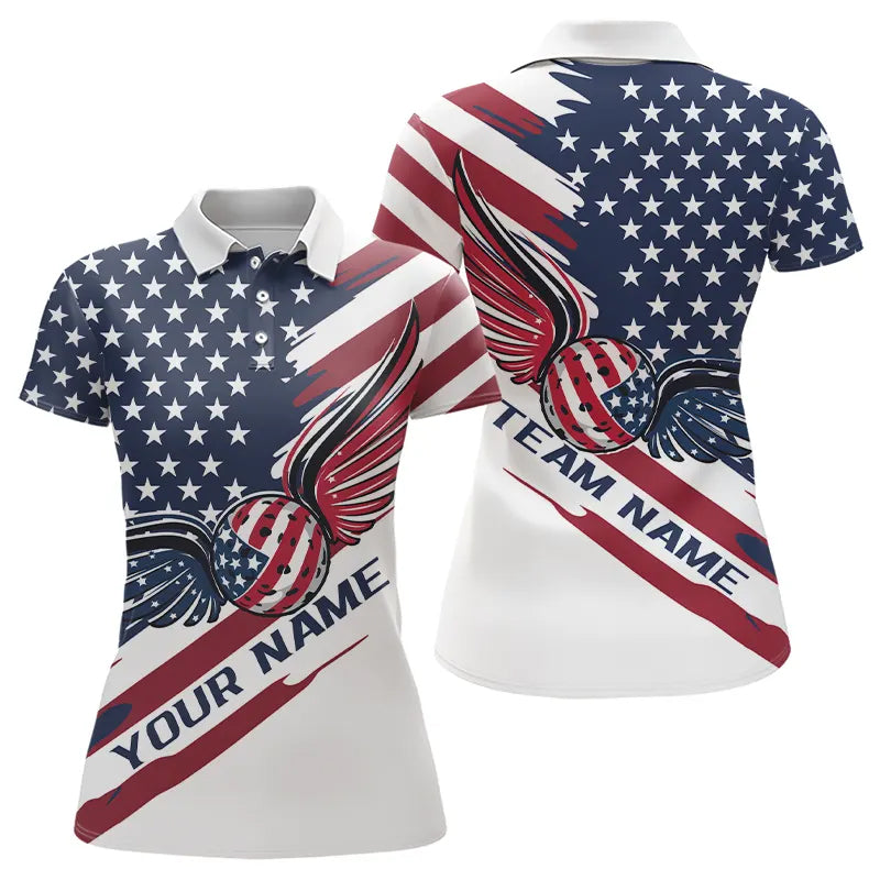Custom US Flag Patriotic Pickleball Polo Shirts For Women, Pickleball Ball With Wings Shirt IPHW8128