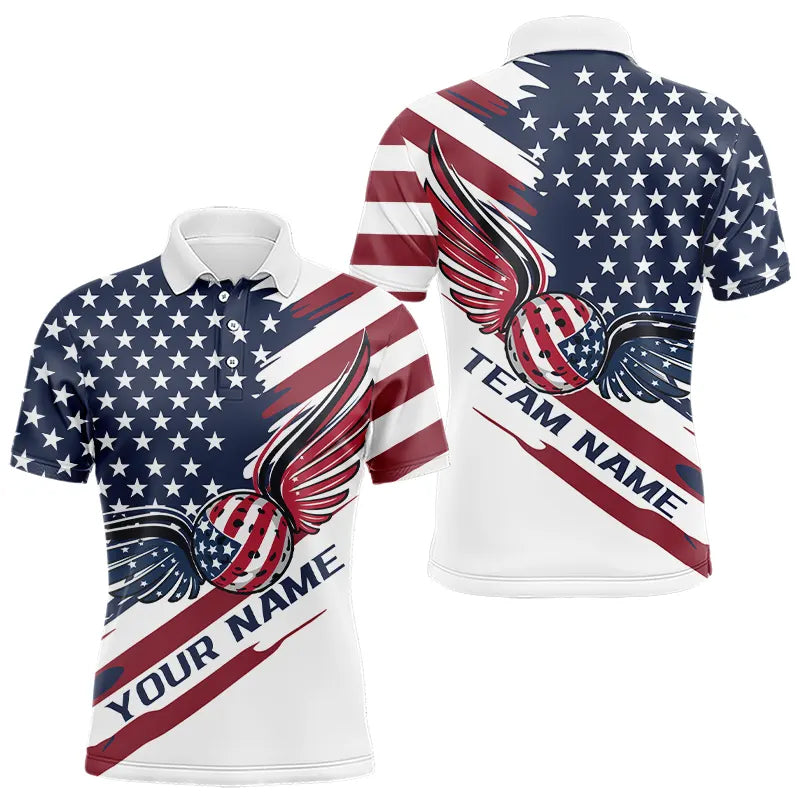 Custom US Flag Patriotic Pickleball Polo Shirts For Men, Pickleball Ball With Wings Shirt IPHW8128