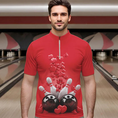 Custom Valentine Day Bowling Red Quarter-Zip Shirts For Men, Romance Bowling Couple Outfits IPHW8352