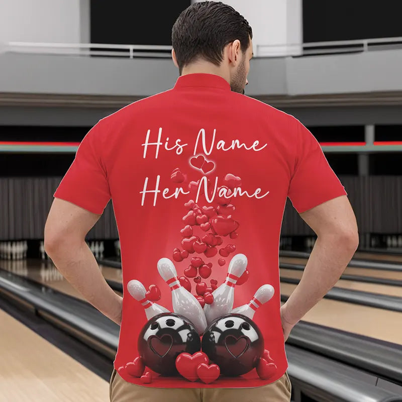 Custom Valentine Day Bowling Red Quarter-Zip Shirts For Men, Romance Bowling Couple Outfits IPHW8352