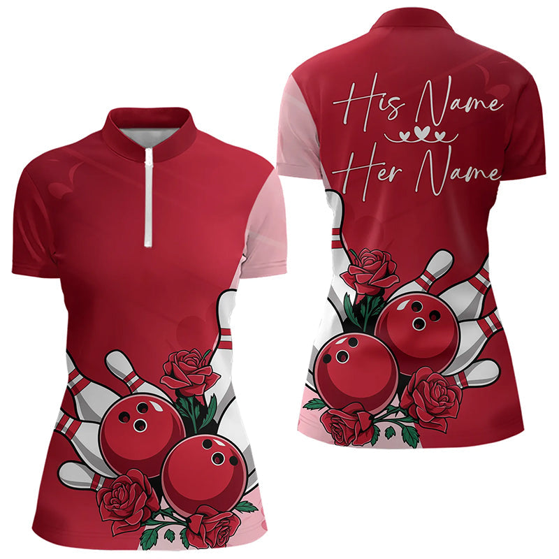 Bowling And Red Roses Custom Valentine Bowling Quarter-Zip Shirts For Women Bowling Couple IPHW8354