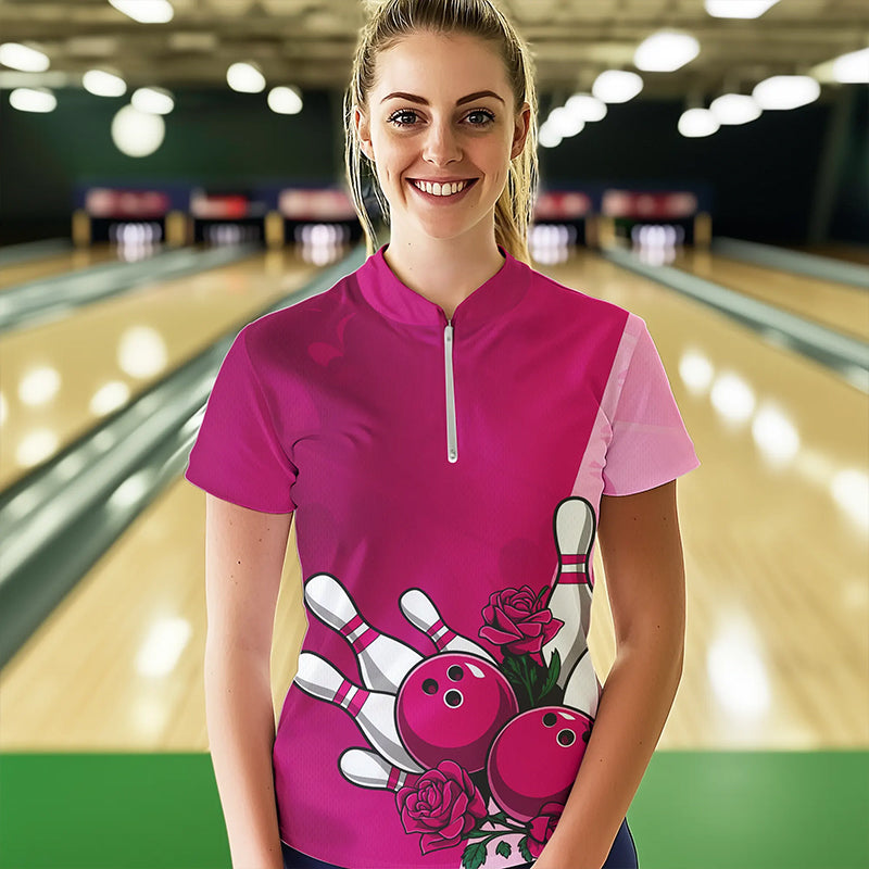 Bowling And Pink Roses Custom Valentine Bowling Quarter-Zip Shirts For Women Bowling Couple IPHW8355