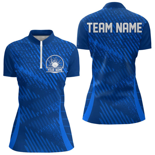 Custom Blue Bowling Team Womens Quarter-Zip Shirts, Bowling Tournament Bowling League Shirt IPHW8536
