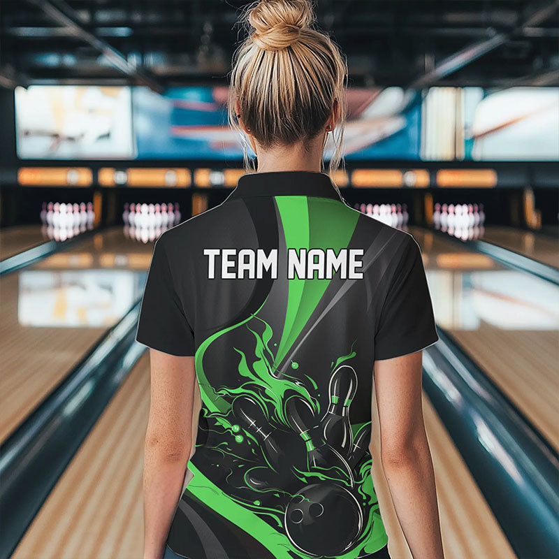Custom Black And Green Flame Bowling Quarter-Zip Shirts For Women, Fire Bowling Team Shirt IPHW8540