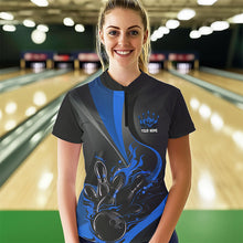 Load image into Gallery viewer, Custom Black And Blue Flame Bowling Quarter-Zip Shirts For Women, Fire Bowling Team Shirt IPHW8542