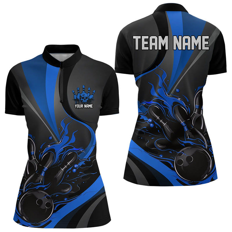 Custom Black And Blue Flame Bowling Quarter-Zip Shirts For Women, Fire Bowling Team Shirt IPHW8542