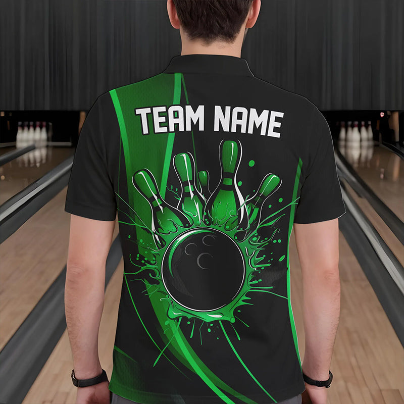 Custom Black And Green Bowling Polo Shirts For Men, Bowling Tournament Team Shirts IPHW8543