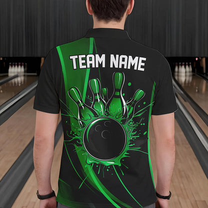 Custom Black And Green Bowling Polo Shirts For Men, Bowling Tournament Team Shirts IPHW8543