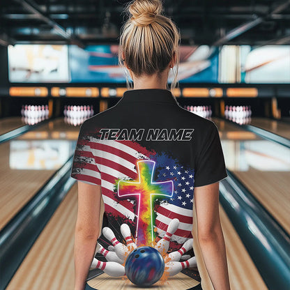 Custom Patriotic Faith Bowling Polo Shirts For Women, Tie Dye Cross US Flag Bowling Shirt IPHW8547