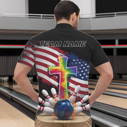 Custom Patriotic Faith Bowling Quarter-Zip Shirts For Men, Tie Dye Cross US Flag Bowling Shirt IPHW8547
