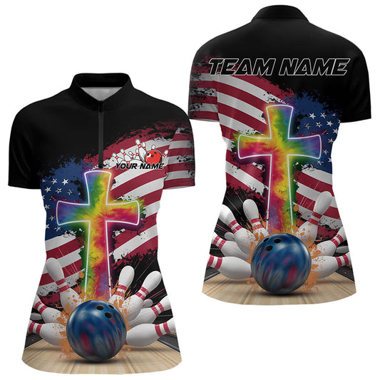 Custom Patriotic Faith Bowling Womens Quarter-Zip Shirts, Tie Dye Cross US Bowling Shirt IPHW8547