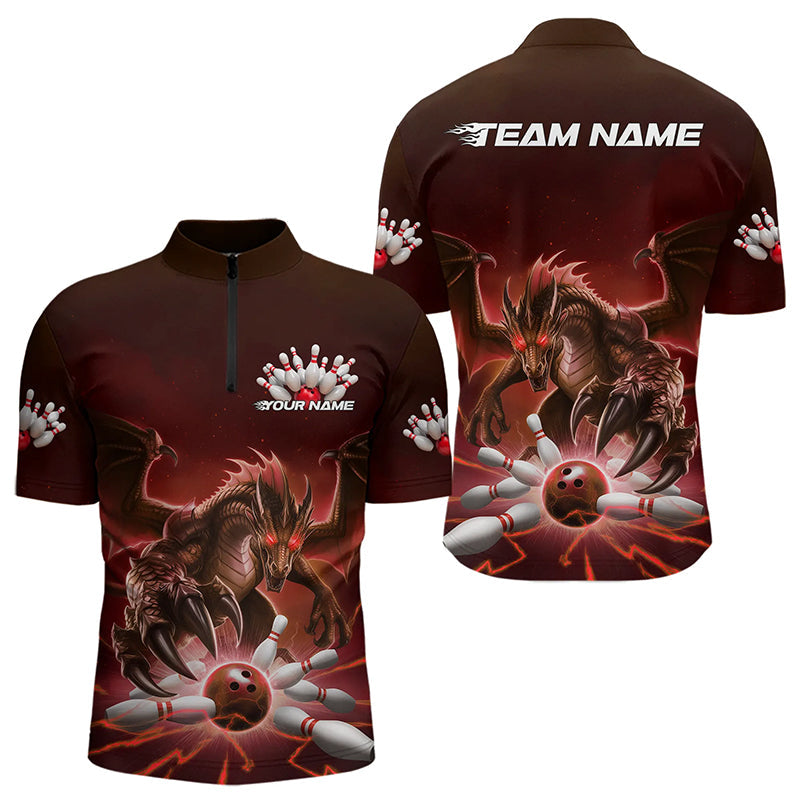 Custom Black And Red Dragon Bowling Team Quarter-Zip Shirts For Men, Dragon Bowling League Shirt IPHW8549