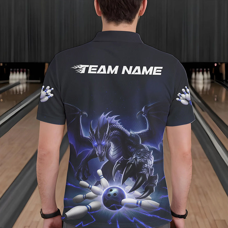 Custom Black And Blue Dragon Bowling Team Polo Shirts For Men, Dragon Bowling League Shirt IPHW8550