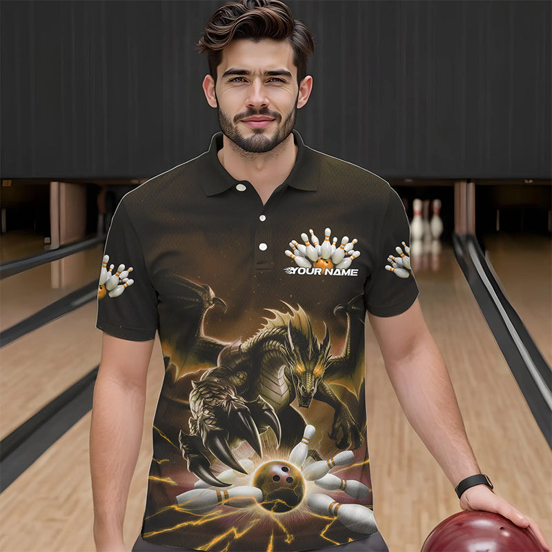 Custom Black And Yellow Dragon Bowling Team Polo Shirts For Men, Dragon Bowling League Shirt IPHW8551