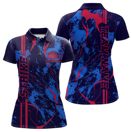 Custom Blue And Red Strike Bowling Polo Shirts For Women, Bowling League Team Uniform IPHW8858