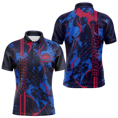 Custom Blue And Red Strike Bowling Polo Shirts For Men, Bowling League Team Uniform IPHW8858