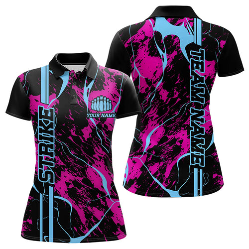 Custom Pink And Blue Strike Bowling Polo Shirts For Women, Bowling League Team Uniform IPHW8859