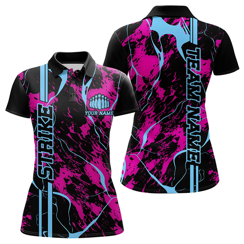 Custom Pink And Blue Strike Bowling Polo Shirts For Women, Bowling League Team Uniform IPHW8859
