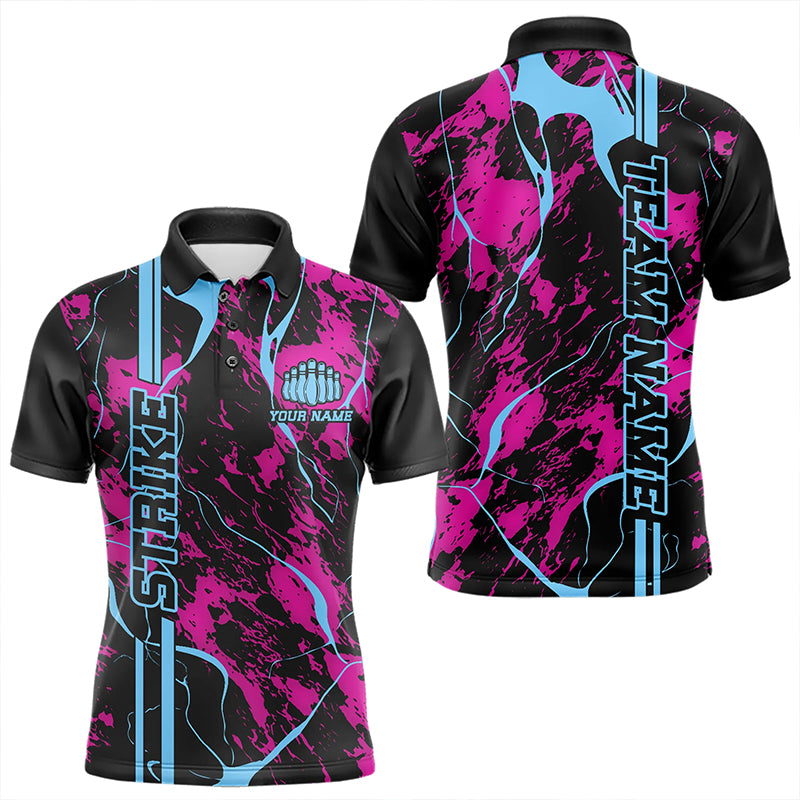 Custom Pink And Blue Strike Bowling Polo Shirts For Men, Bowling League Team Uniform IPHW8859
